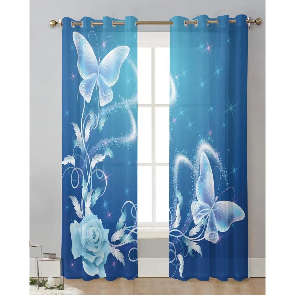 Flower Butterfly Blue Sheer Drapes Living Room Window Curtains For Bedroom Kitchen Home Decoration Curtain Panels