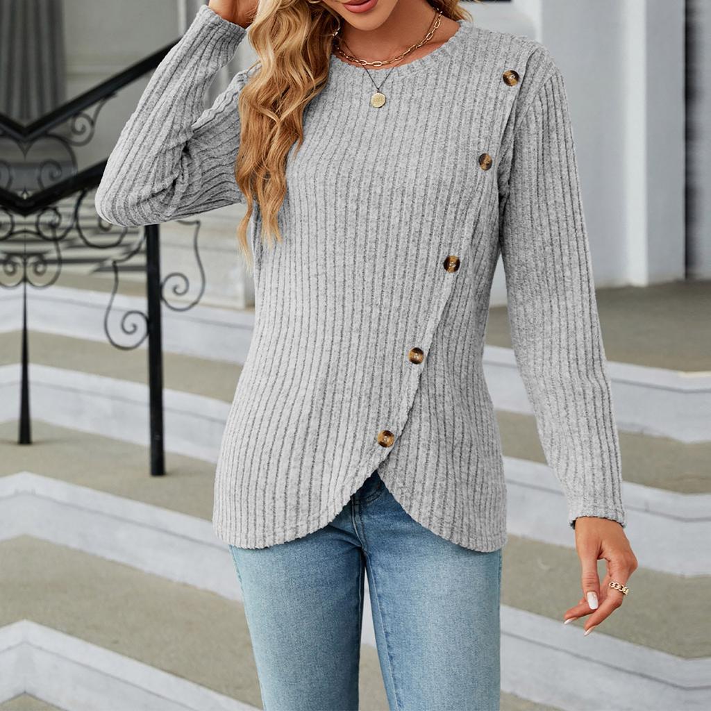 Women's Fashion Sexy Round Neck Long Sleeve With Button Hem Split Top