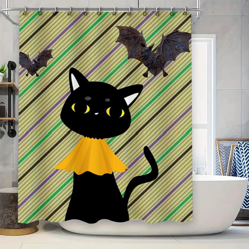 

Bat-Themed Halloween Shower Curtain Featuring A Black Cat Design With Yellow Accents Perfect For Spooky Decor In Any Bathroom W60H190(CM)-1 Pcs
