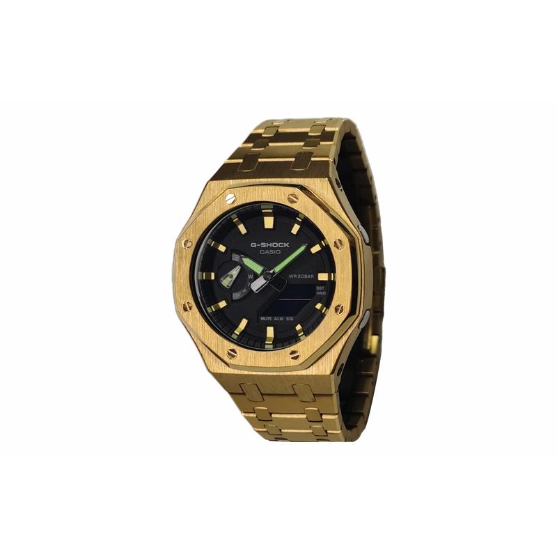 CASIO Customized watch modified series gold stainless steel case fashionable men's watch GA-2100SKE-7A(Watch3-GaiZhuang-JinGangHuanLvJin)