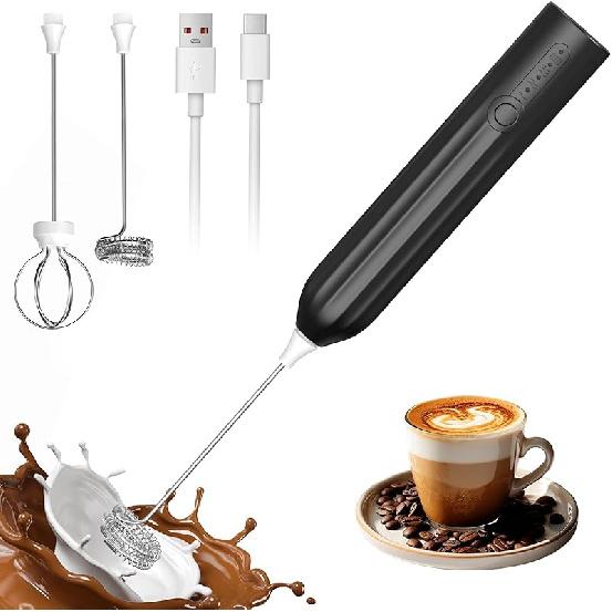 

Milk Frother Powerful Handheld Rechargeable With 2 Stainless Heads 3 Speeds, Frother Wand Drink Mixer,Electric Whisk Foam Maker for чёрный