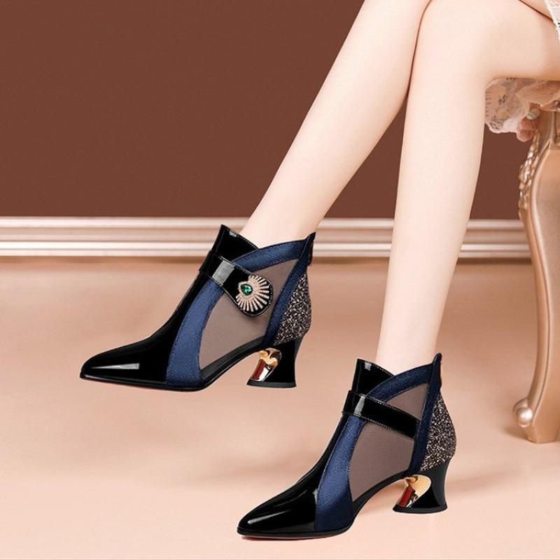 Sandals thick heel bag head cool boots middle heel mesh boots hollow mesh boots spring and summer new pointed thick heel fashionable and sexy