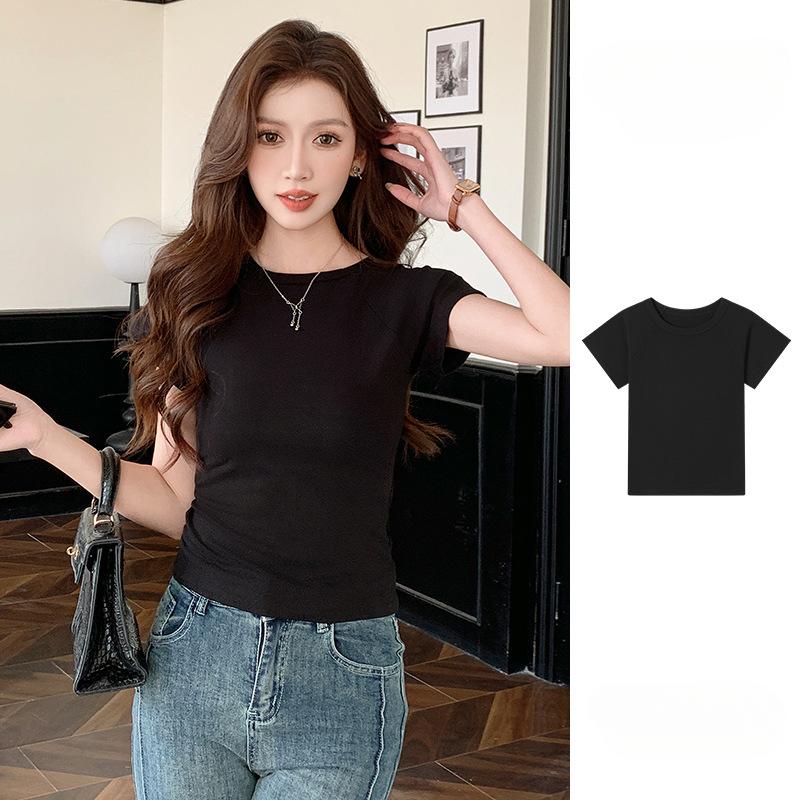 

Стильный жилет H105 Положительный плечевой круглый вырез футболка с короткими рукавами женский летний дизайн Sense of Thin Slim Top Bottoming Body Showing Tank Tops XL(60-70)kg чёрный