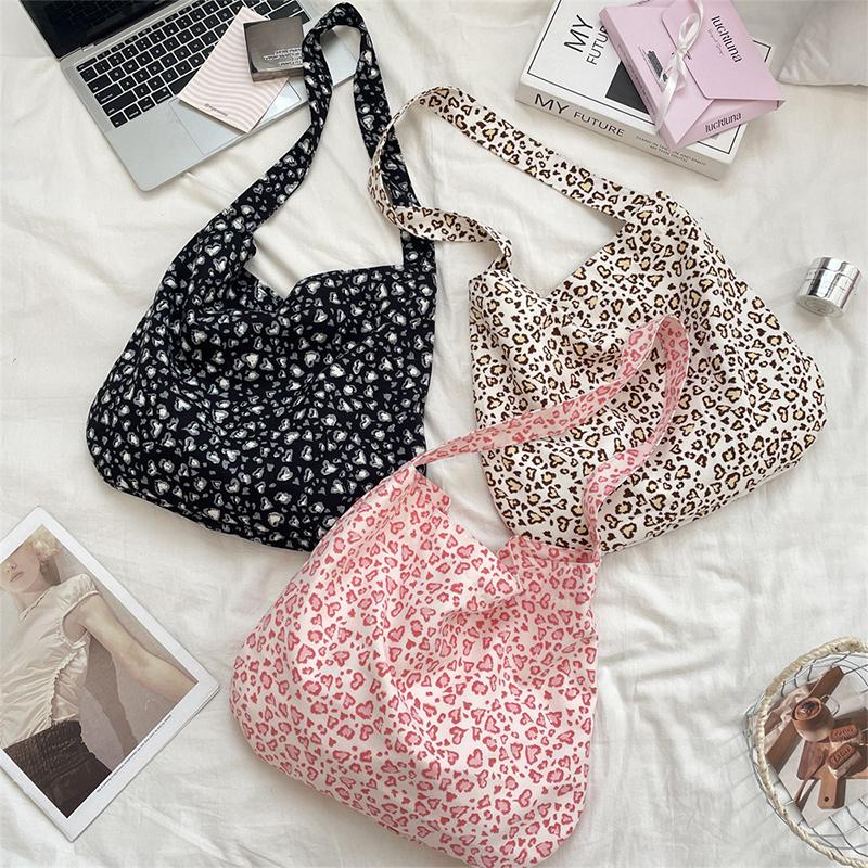 Korean-style Simple Canvas Bag Fashionable Leopard Print Shoulder Bags Lightweight Large-capacity Tote Bags Retro Lunch Handbags