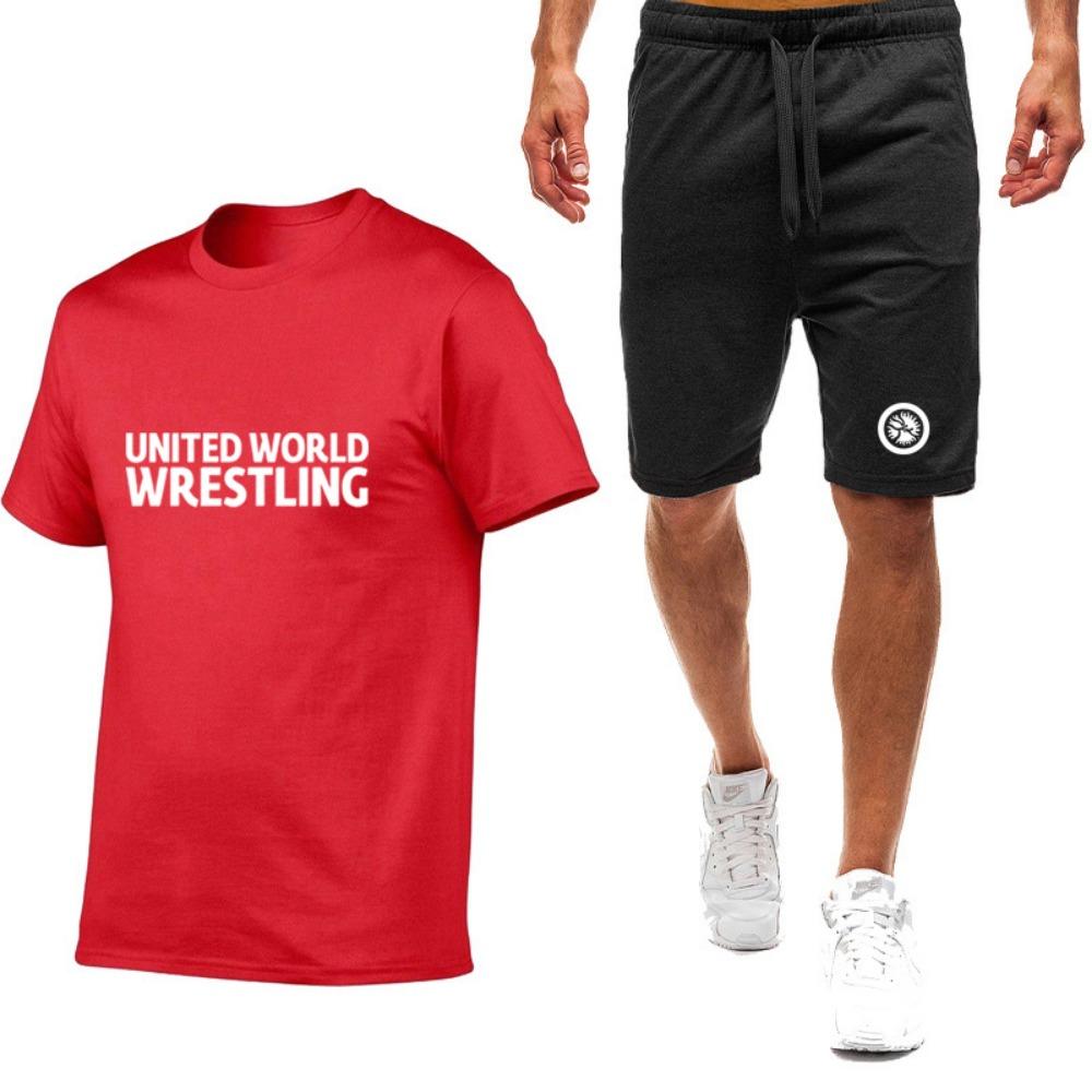 Summer Men's World Wrestling Federation Logo Printed Solid Color Daily Multi Functional Comfortable T-shirt Pants Sports Set