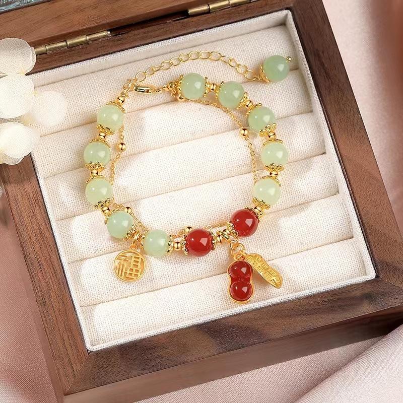 

Good Luck Peanut Bracelet and Hetian Jade Bead Bracelet for Girls, Vintage Two-World Joy Baoge Ya Jewelry, Gemstone and Crystal Hand Accessories Good Luck Peanut Red Agat