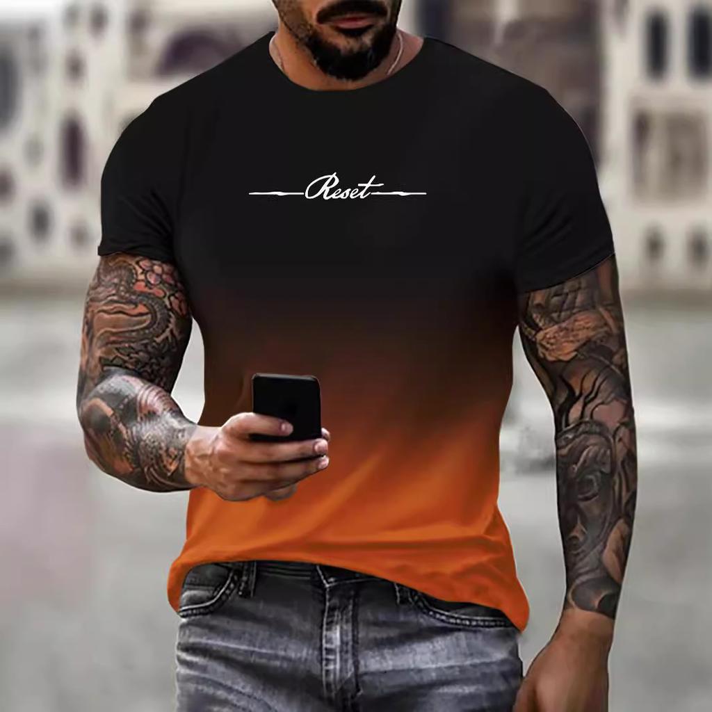 Sommer Rund Hals 3D Gradient Bokstaver Trykk Topp Fasjonable Casual Kortarmede Herre T-skjorter