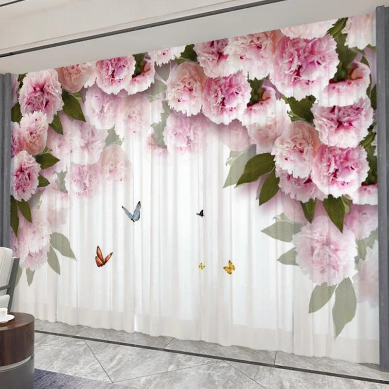 3D Rosa Blume Vorhang Grüne Pflanze Pastoral Dekor Transparenter Sichtschutzvorhang Wohnzimmer Schlafzimmer Bodenlanges Fenster Voile Vorhang