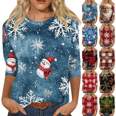 Women's Fashion Casual Seven Sleeve Christmas Printed Round Neck Top