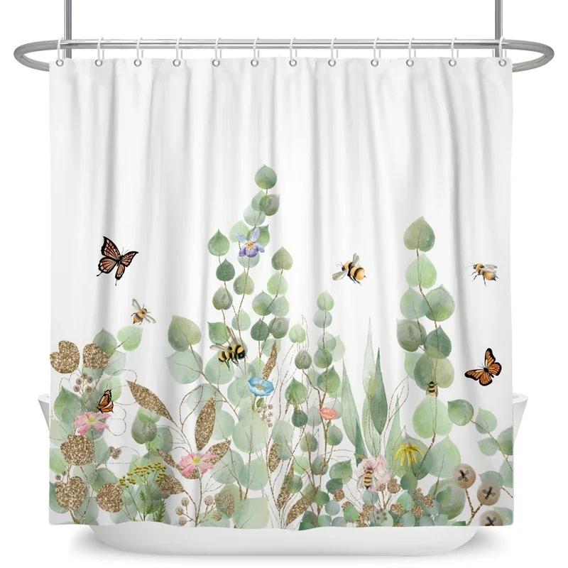 Green Eucalyptus Leaves Shower Curtains Watercolor Floral Waterproof Morden Bathroom Bathtub Curtain Room Decor With Hooks