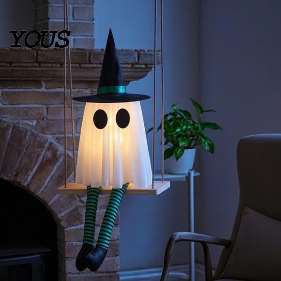 Decorative Gauze Ghost Set Halloween Hanging Swinging Decoration, Spooky Light Up Swing Scene Props with Witch Hat for Outdoor Yard,