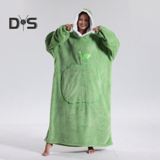 Winter Wearable Blanket Bathrobe with Big Pocket Thick Double-sided Fleece Loose Long Sleeves Pajamas Heat Retention Full Protection Home Lazy Sleeve