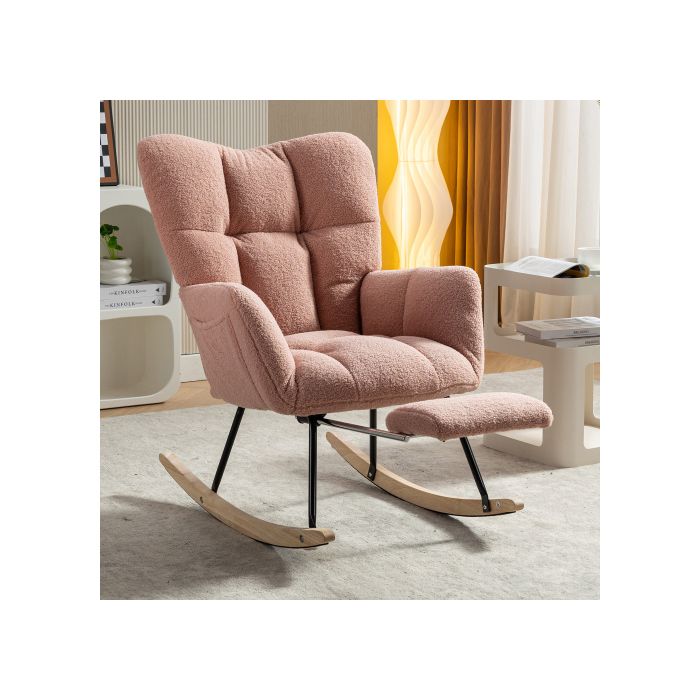 Nouveau fauteuil à bascule moderne avec rembourrage et tissu peluche, avec repose-pieds extensible, rose
