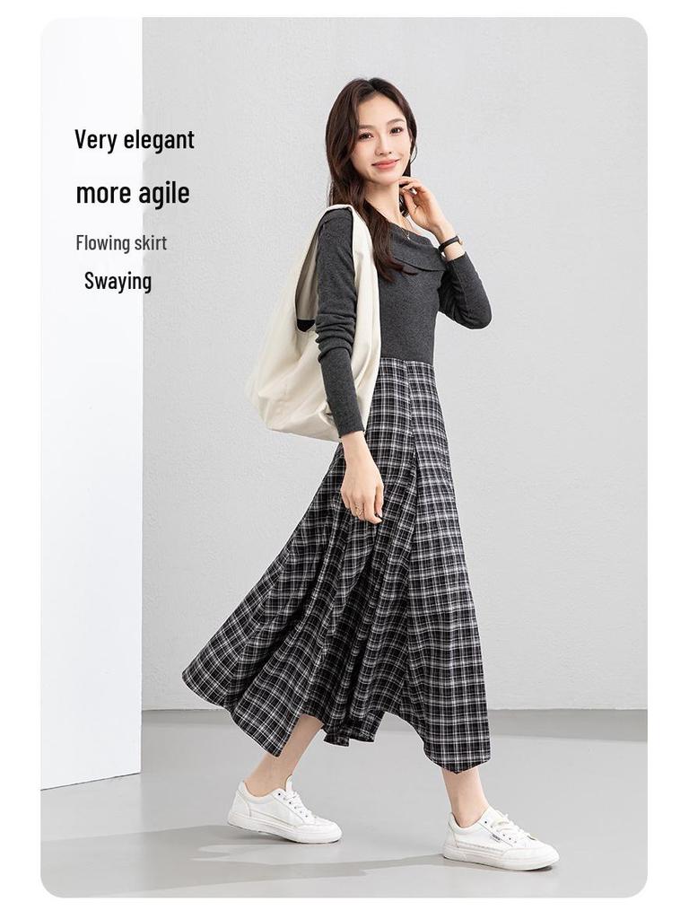 Xin Ge Plaid High Waist Fishtail A-line Skirt – Korean Style Long, Irregular Cut