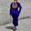 Plus Size Women Socialite Style Halter V Neck Long Sleeve Solid Blue High Waist Bodycon Long Dress