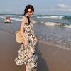 Summer French-Style Floral Ink Wash Camisole Dress for Women - Elegant High-End Beach Resort Wear