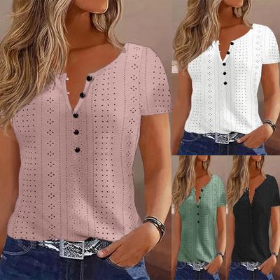 Dam sommar T-shirt avslappnad lös bekväm rund hals jacquard ihålig kortärmad T-shirt