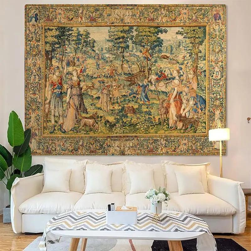 Medieval Tapestry, Vintage Renaissance Hunting Scene Print Wall Hanging for Bedroom Dorm Living Room Home Decor