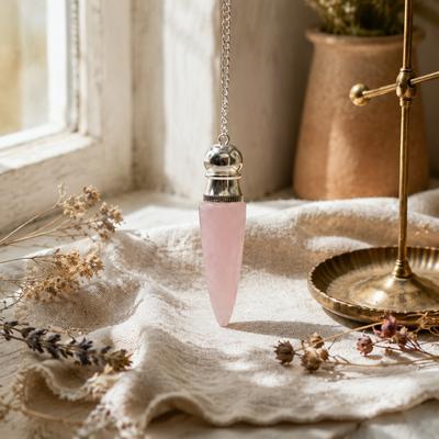 Cavidade Secreta Descoberta da Verdade Pêndulo - Quartzo Rosa - Banhado a Prata