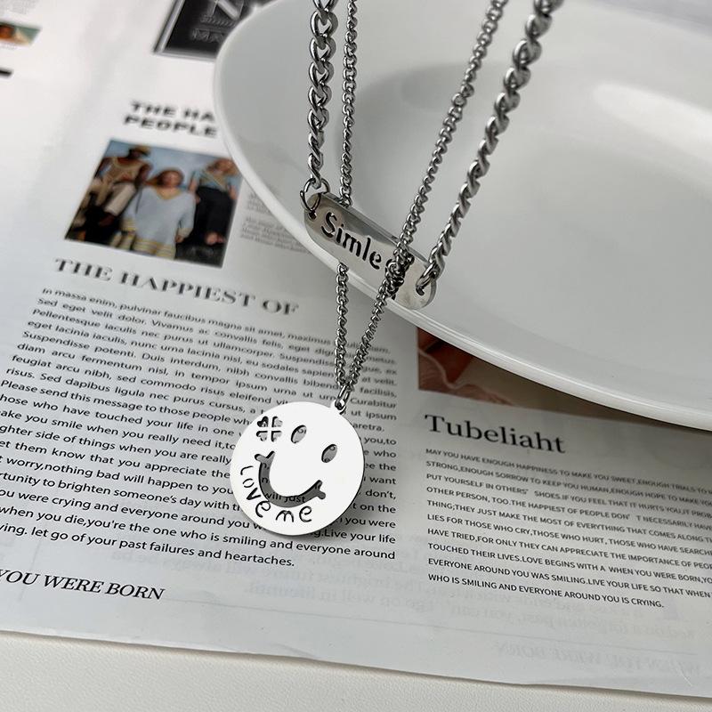 Fashionable Non-fading Metal Thin Chain Smiley Double-layer Chain New Niche Design Personalized Necklace Women's Titanium Steel Necklace