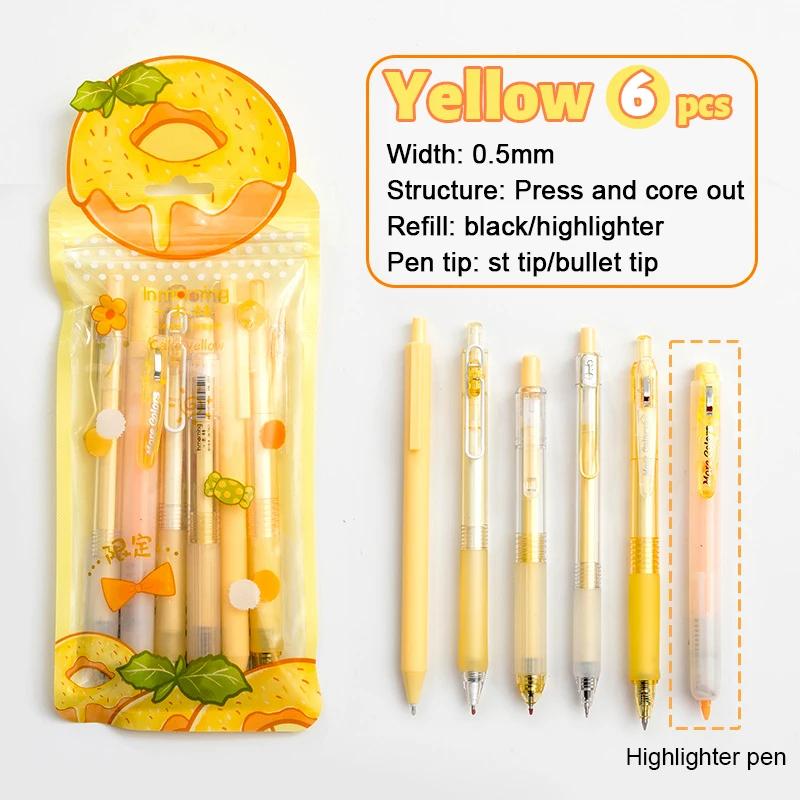 6pcs Gel Pen and Marker Pen Set Retractable Black Ink 0.5mm Ballpoint Pen School Student Office Stationery Supplies