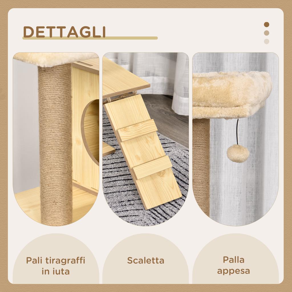 Cat Scratching Post with House, 2 Beds, Hammock and Ball, Made of Wood, Polyester and Sisal, 60x40x130 cm