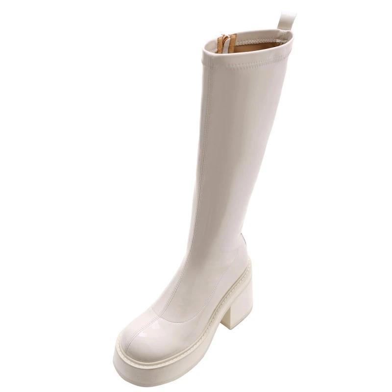 Mode 2024 Vinter Nya Svarta Lackläder Dam Knähöga Stövlar Mode Mångsidiga Stövlar med Tjock Klack Botas Altas Plataforma Mujer