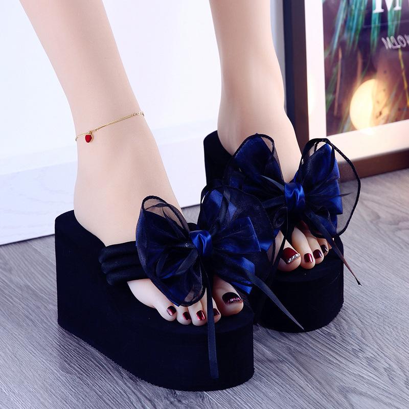 Fashion Women's 8CM Slope Heel Slippers Thick Bottom Increased Bow Casual Non slip Slippers Summer High Heels Pinch Foot Beach Slippers