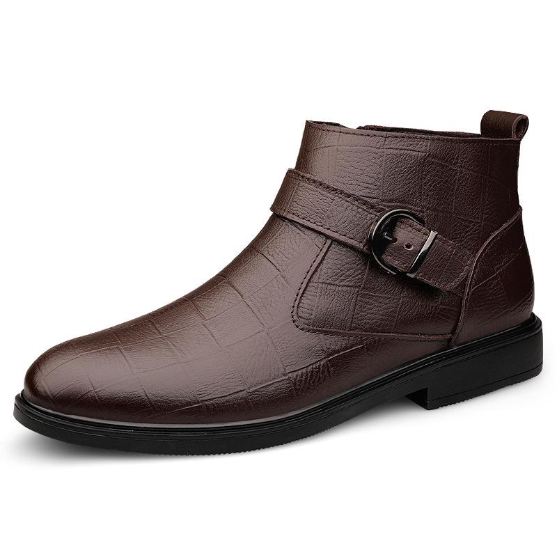 Men s Slip-On Leather Ankle Boots: High-Top, Velvet-Lined, Plus Size, Casual Cowhide Boots for Autumn & Winter. 39