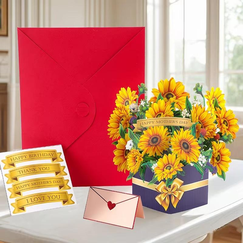 Premium 3D Pop Up Flower Bouquet Card Mothers Day Present Valentines Day Anniversary Birthday Greeting Cards Thank You Wishes Gifts