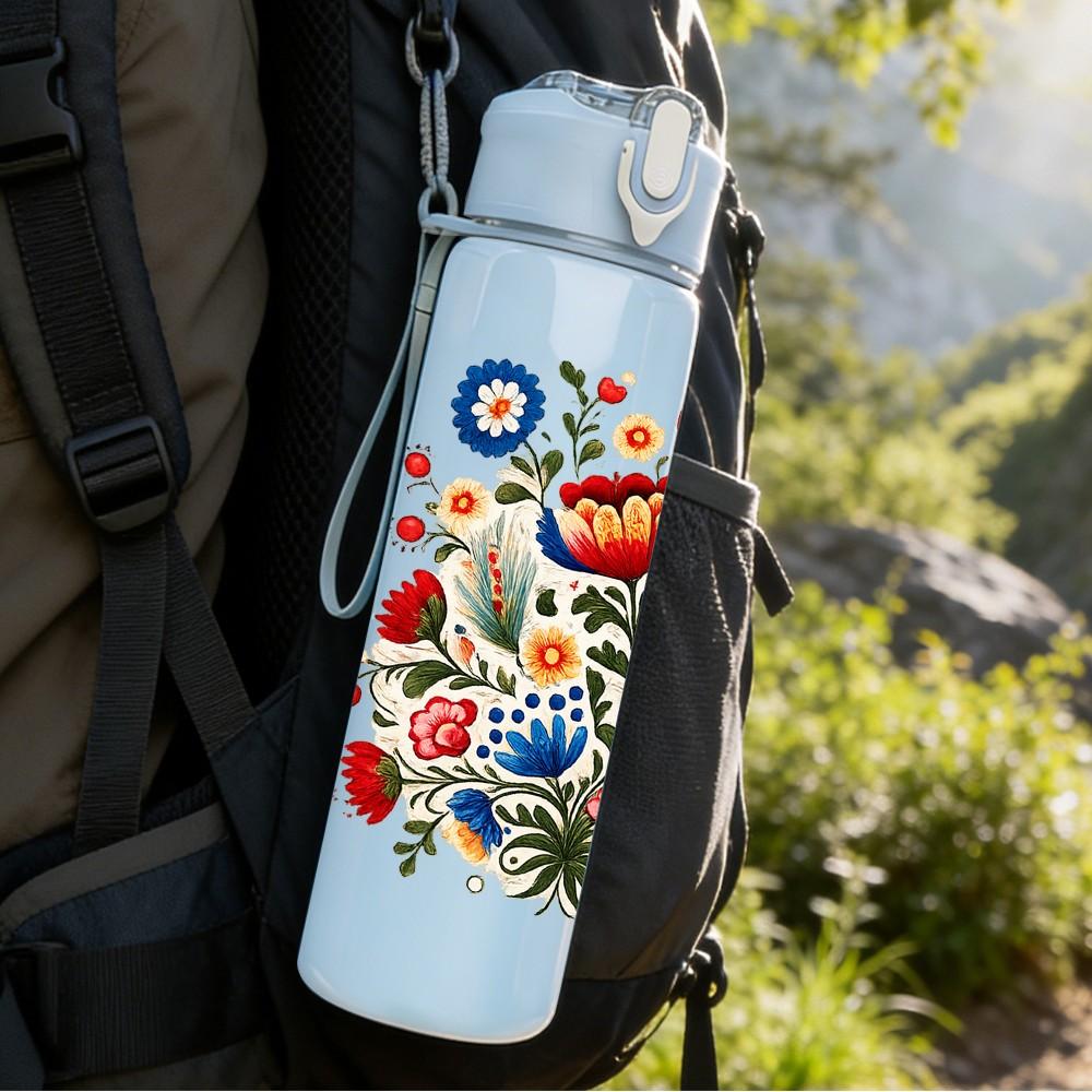 1PC Colorful Folk Floral Bouquet Print 750ml Color Plastic Sports Water Bottle Leakproof Flip Straw Lid Suitable for Sports Office Home Use