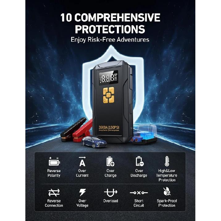 Jump Starter with Air Compressor 3500A Jump Starter 150PSI Air Pump Multifunctional Tire Inflator Power Bank Lighting for Car