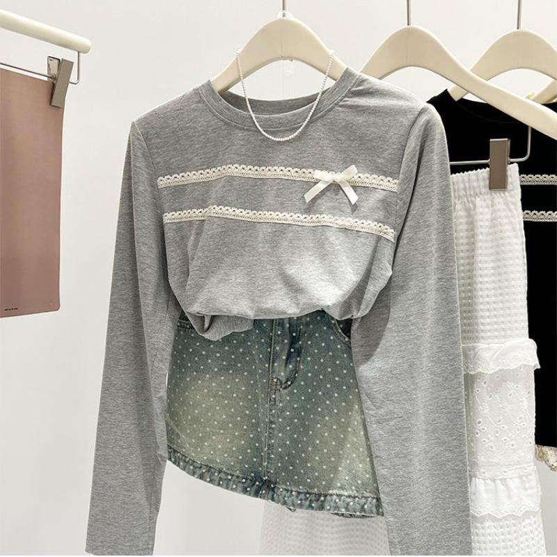 Zimní podzimní elegantní krajkové prošívání falešné dvoudílné tričko s dlouhým rukávem, halenka, dámské v novém designu s mašlí, sladké tričko se spodním dílem