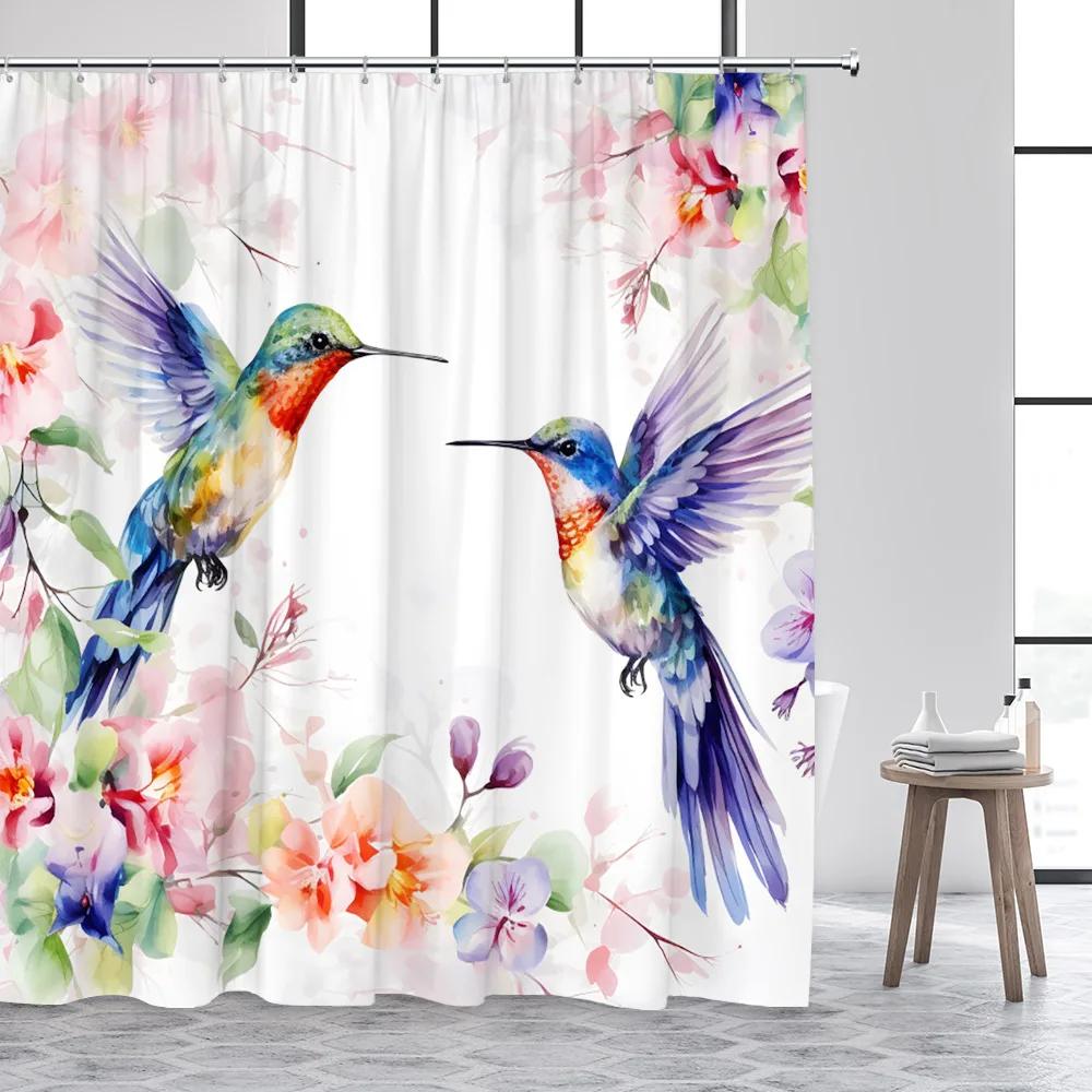 Hummingbird Shower Curtain Spring Flower Watercolor Farm Plant Green Leaf Butterfly Cute Cat Polyester Fabric Bathroom Decor Set