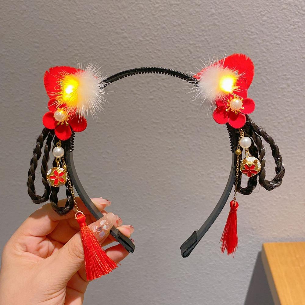 Red Flower Tassel Hairband Pigtail Wig Chinese Style Hair Hoop Fashion Hanfu Wig Headband  Children