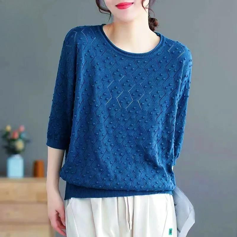 Spring Size Autumn And Plus Summer Knitted Sunscreen Shirt Tshirt Womens Literary Retro Midsleeved Woolen Top