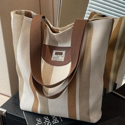 Striped Canvas Bag Women's New Summer Casual Lightweight Shoulder Bag Large Capacity Tote Bag Shopping Bag