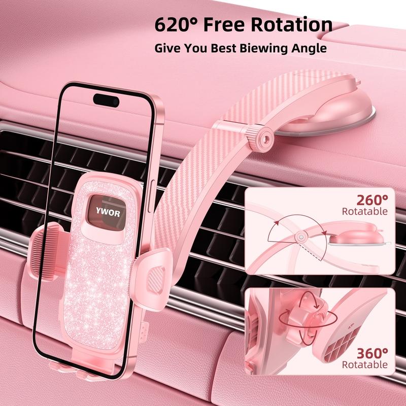 YWOR Pink Car Phone Holder, Universal Phone Mount for Car Dashboard,Super Suction Dash Cellphone Car Mount Stand