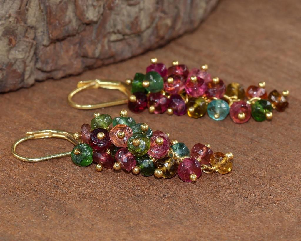 Multi Tourmaline Beads Cluster Earring, Natural Tourmaline Beads Gold Earring, Birthstone Jewelry, Handmade Earrings, Gift for Her