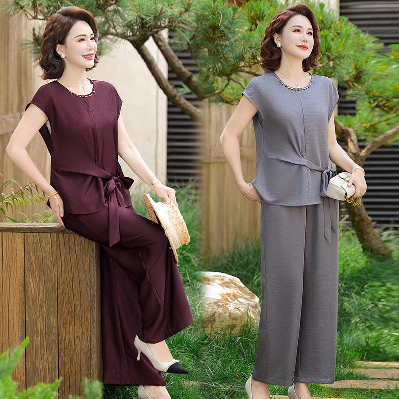 Stylish Summer 2026 New Chinese Wide-Leg Short-Sleeved Lace-Up Two-Piece Set for Women