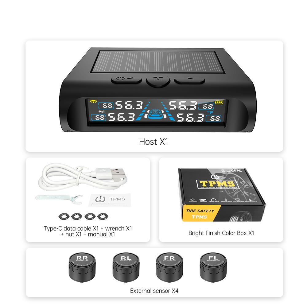 Smart Solar TPMS Tire Pressure Monitoring System with Fast Alarm and Dual Charging