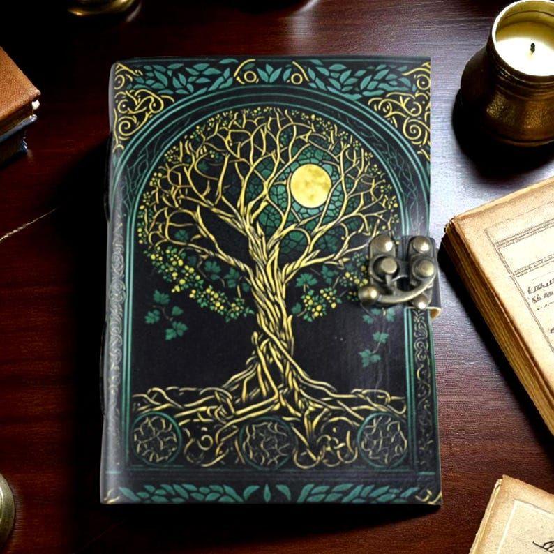 Grimorio Árbol de la Vida – Libro de las Sombras de Cuero con Fases Lunares | Libro de Hechizos de Brujería Hecho a Mano | Diario Celestial para Regalos