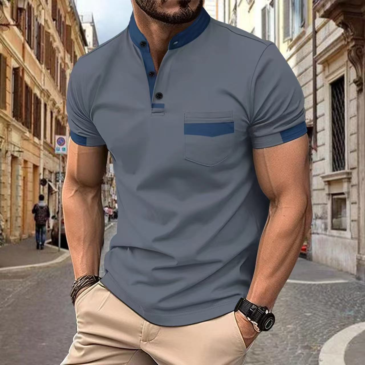 New summer collection: men’s casual, minimalist polo shirts with collars and buttons S темно-серого