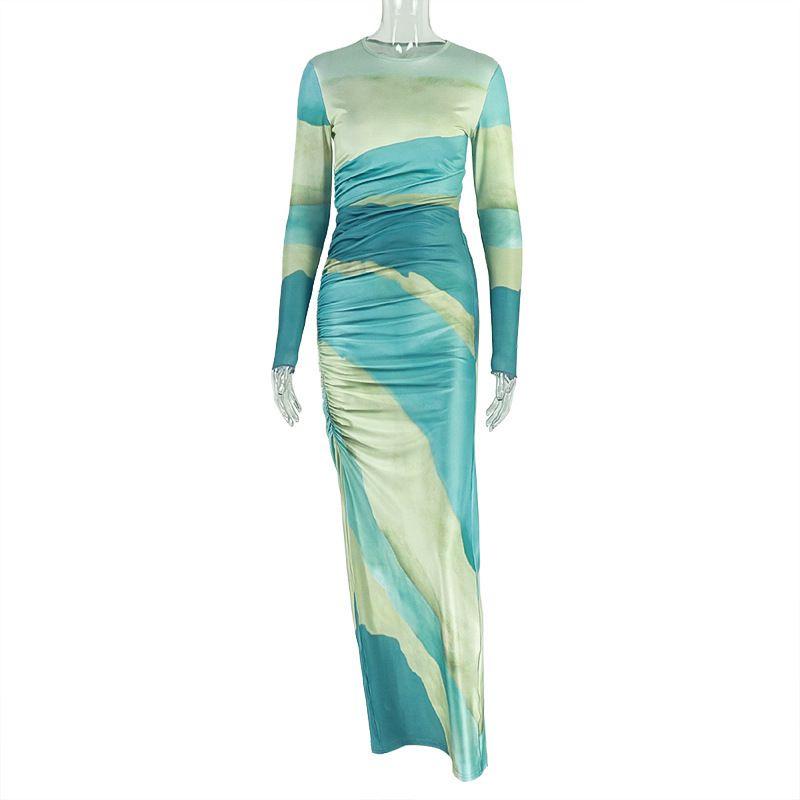 

Fashion Style Women s Commuting Wear Print Ruched Drawstring Slim-Fit Bodycon Dress round Neck Long Sleeves Design Dress Tide Turquoise S