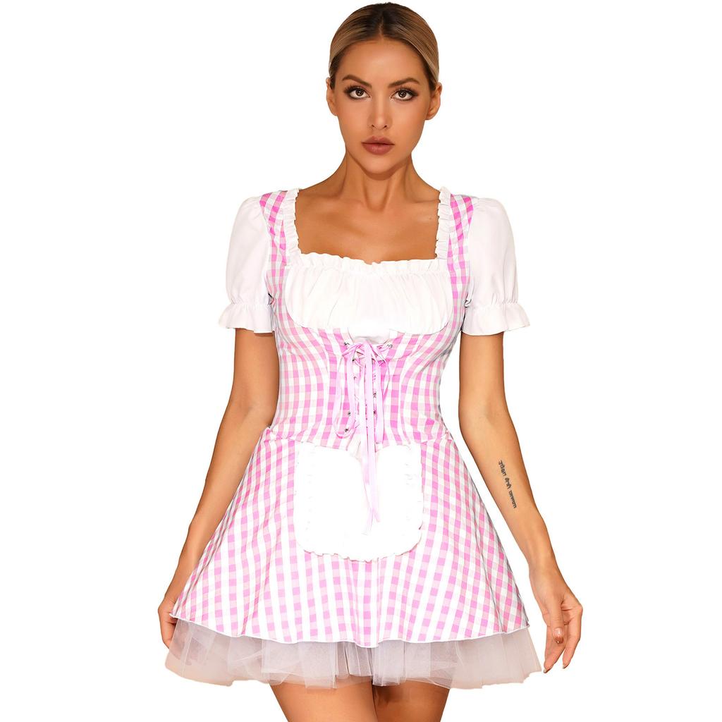 Womens Halloween Miss Muffet Cosplay Dress Front Lace Up Ruffle Apron Plaid Maid Dress Party Masquerade Costume