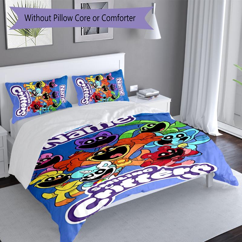 Set Biancheria da Letto 3 Pezzi Critters Sorridenti con Nome Personalizzato, Include 1 Copripiumino e 2 Federe, Arredo Camera da Letto per Tutte le Stagioni