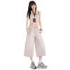 Fashion Summer 3D Whisker Loose Straight Pink Denim Cropped Capri Pants Trendy Versatile Slimming Sweet Casual Wear