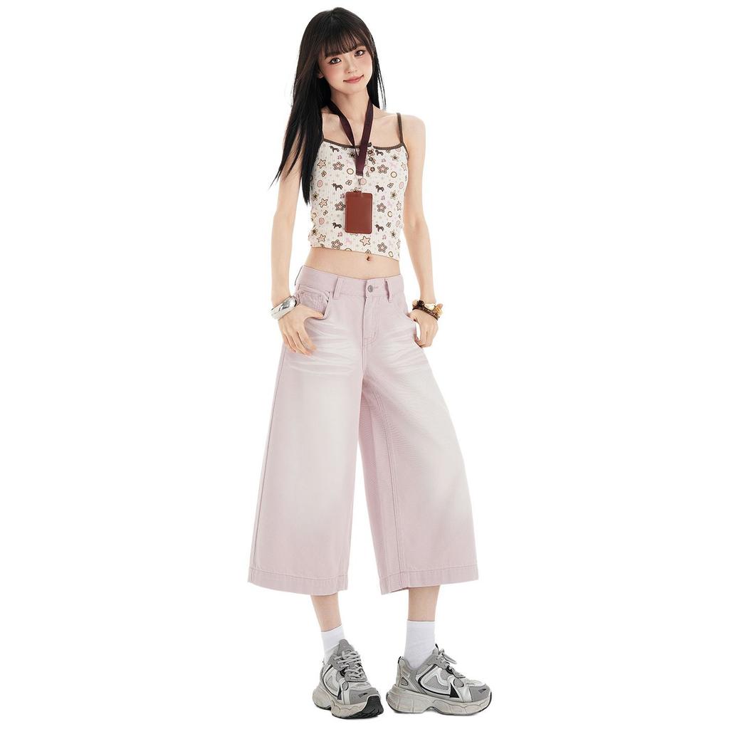 Fashion Summer 3D Whisker Loose Straight Pink Denim Cropped Capri Pants Trendy Versatile Slimming Sweet Casual Wear