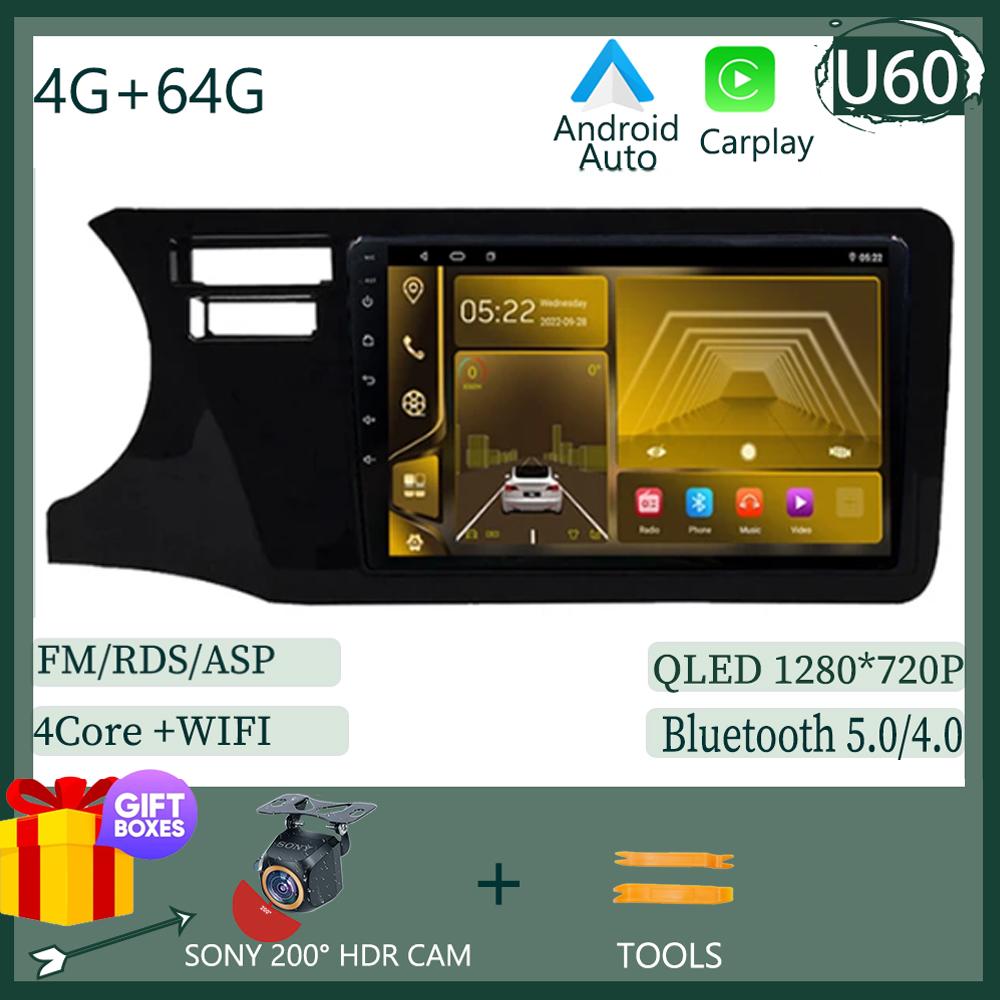 QLED Carplay Android 14 For Honda City 2014-2017 Car Wireless GPS Bluetooth Auto Stereo Multimedia Player DSP IPS WIFI DVD  BT