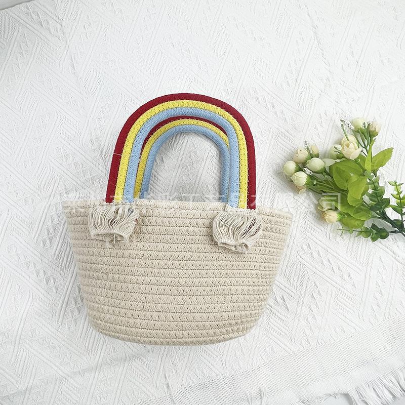 

Rainbow cotton thread bag, hand-held straw cotton rope, handmade basket, seaside messenger holiday, beach bag versatile бежевый